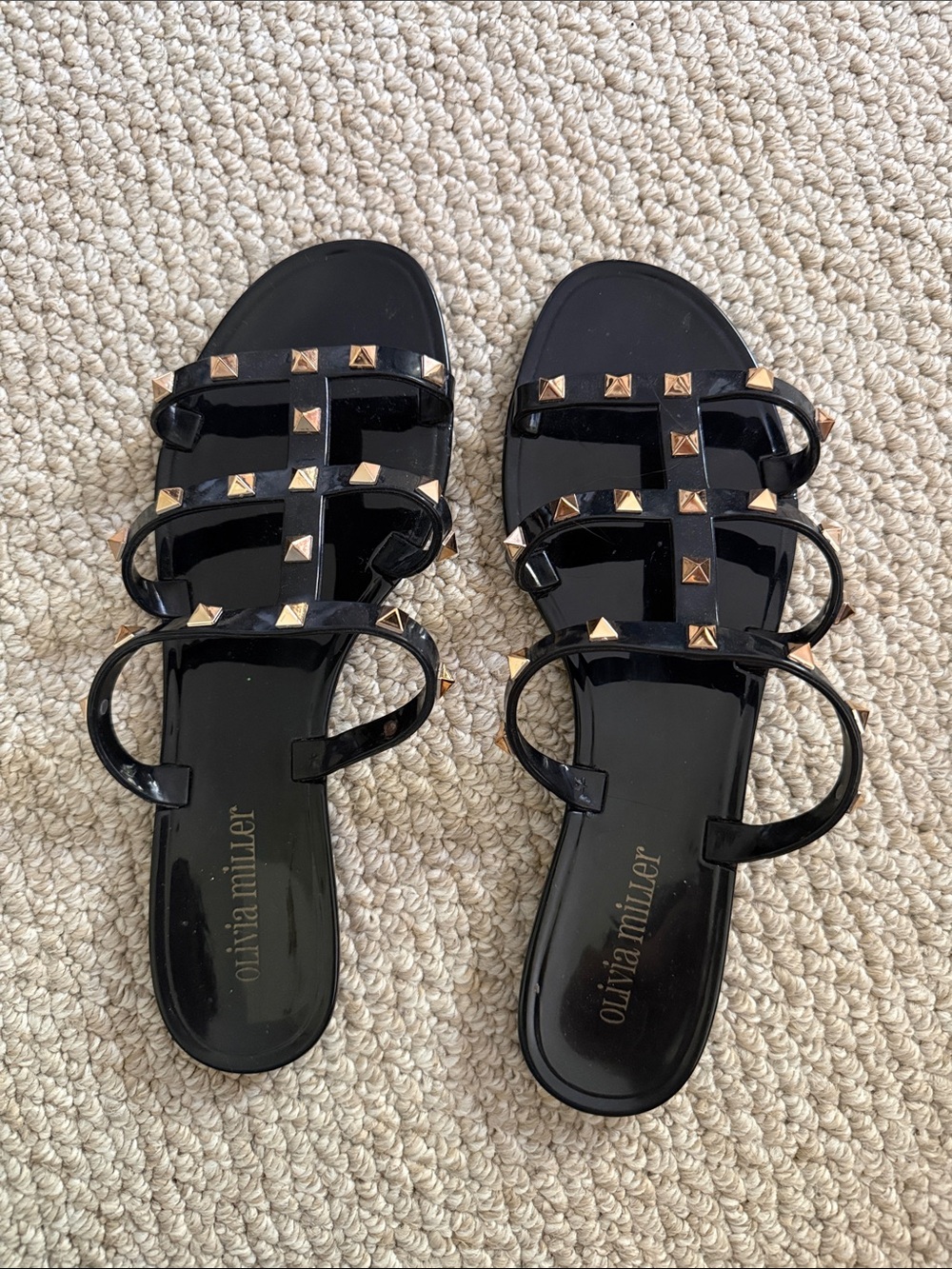 Olivia Miller Black Patent Jelly Sandals with Gold Pyramid Studs